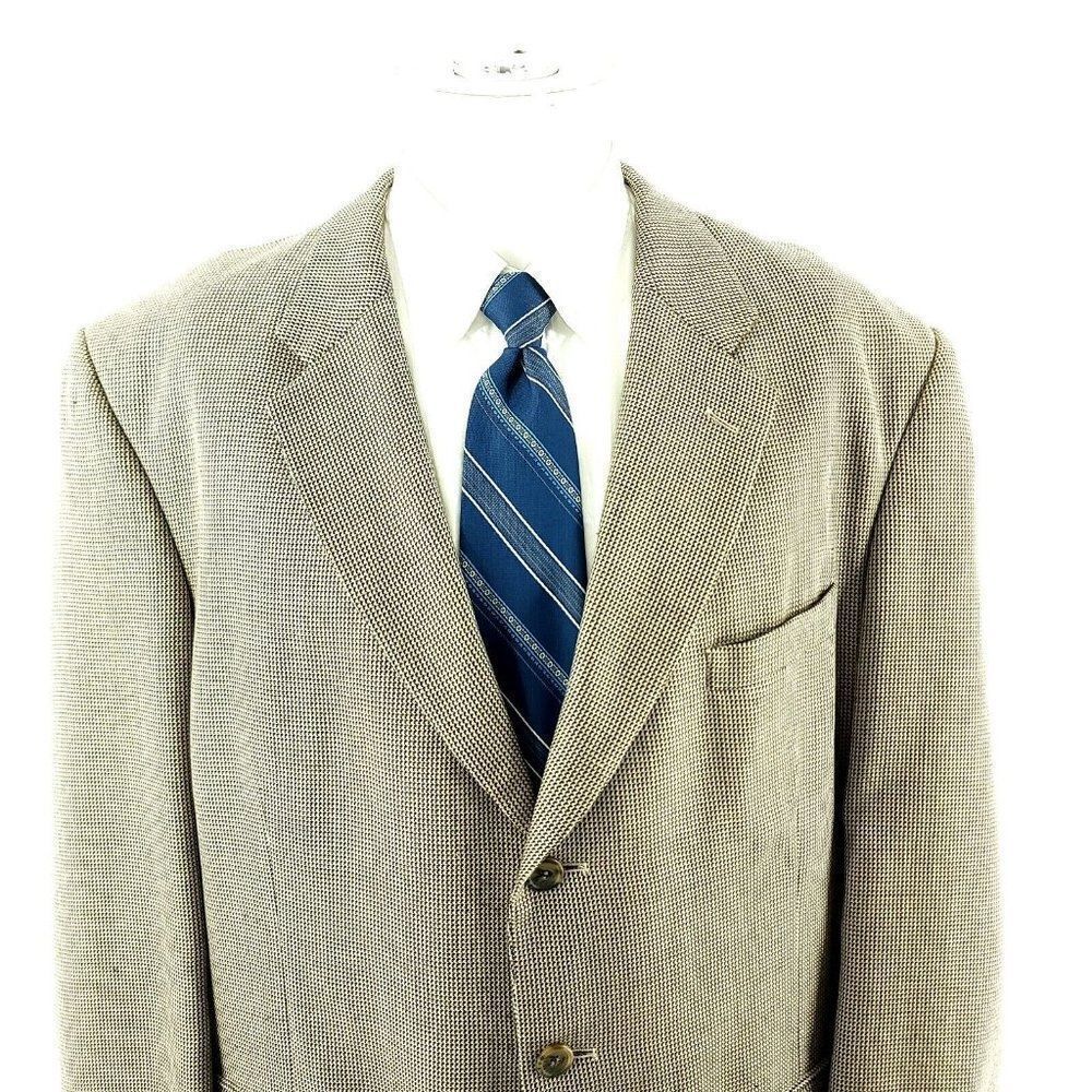 Adolfo Silk Wool 3 Button Sport Coat 44R Black Tan Nailshead‎ Check